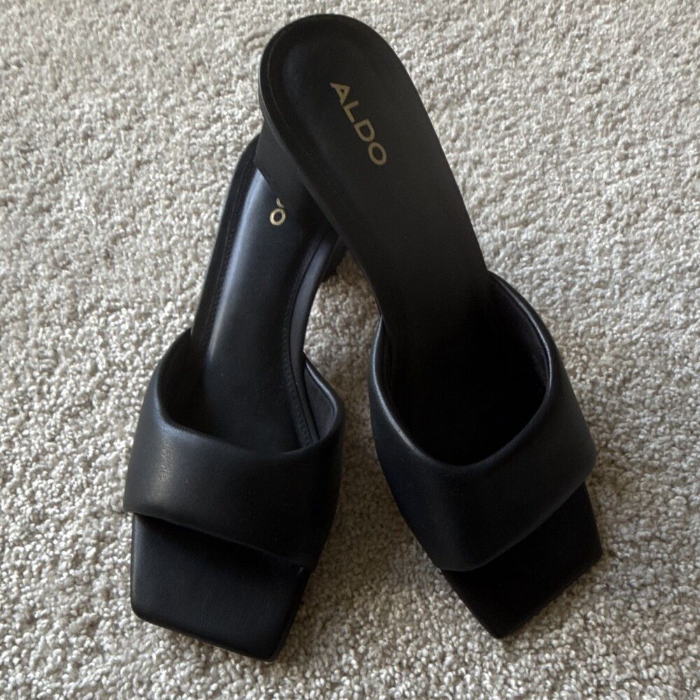 ALDO Sandals Womens Black Slide Open Toe Block Slip On Logo US 9 EU 40